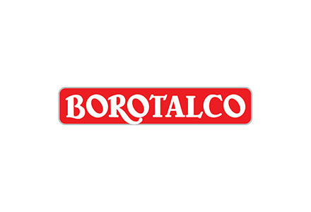 Logo di Borotalco con scritte bianche su sfondo rosso.