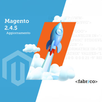 Grafica per l'aggiornamento Magento 2.4.5 con un razzo e testo descrittivo.