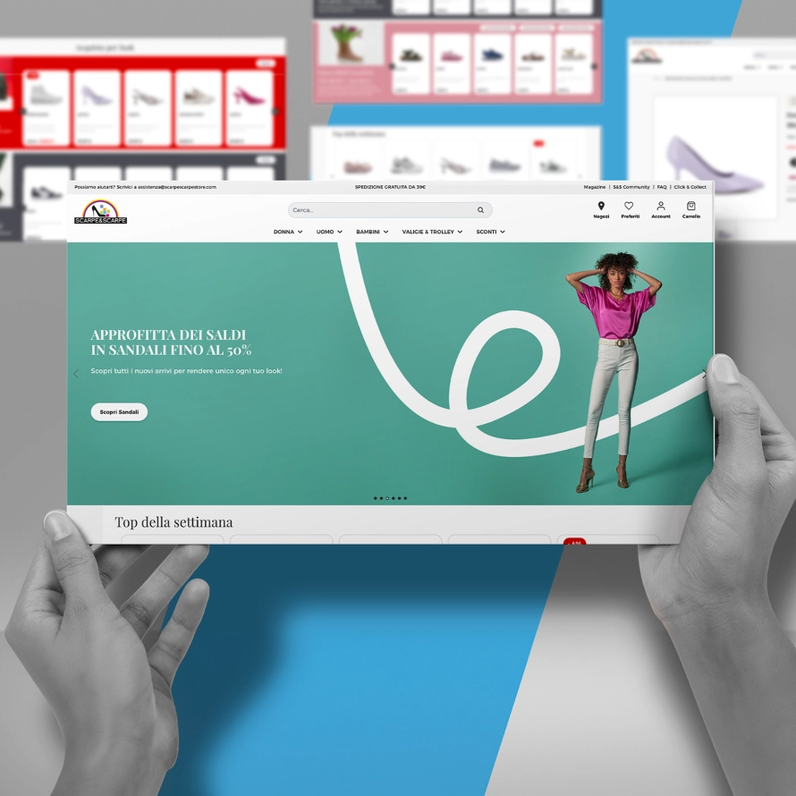 Schermata di un sito web di shopping online con promozione su sandali.