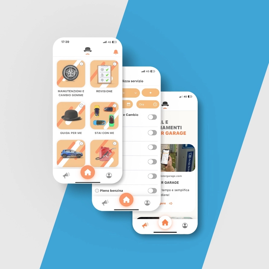 Schermate di un'applicazione per servizi automobilistici con icone di manutenzione, revisione e altre funzioni.