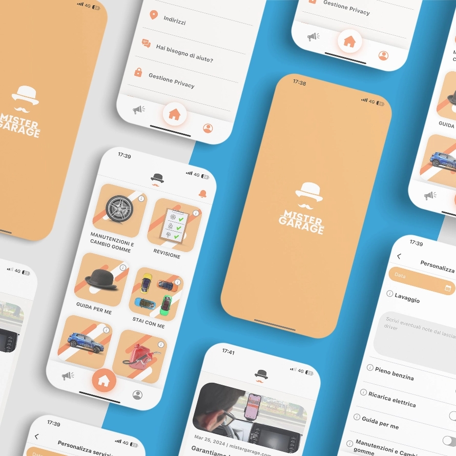 Smartphone che mostrano l'interfaccia dell'app Mister Garage su sfondo blu.