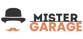 Logo con bombetta nera e baffi arancioni, testo 'Mister Garage'.