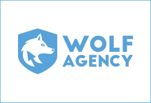 Logo di Wolf Agency con un lupo stilizzato in un scudo blu.