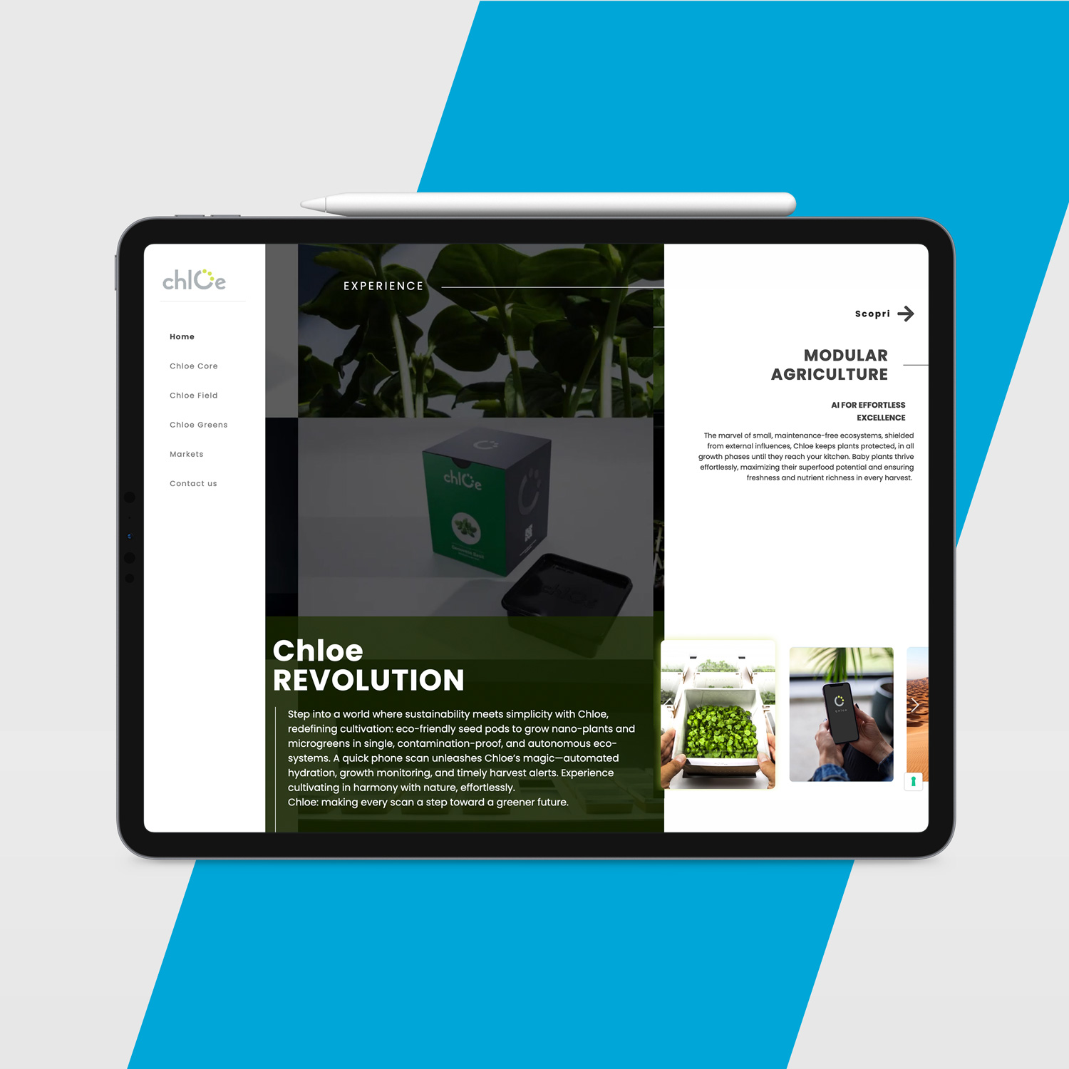 Schermata di un tablet che mostra il sito web di 'Chloe' dedicato all'agricoltura sostenibile.