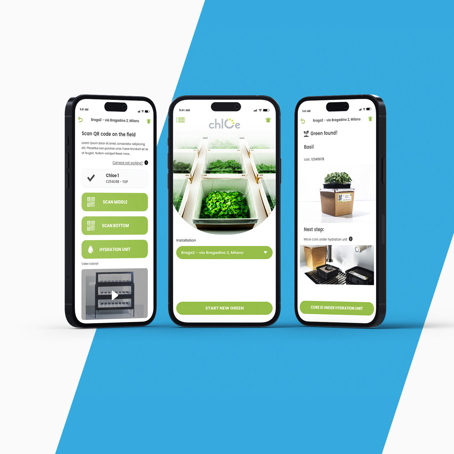 Tre smartphone mostrano un'app per agricoltura indoor con opzioni di scansione QR e gestione della crescita delle piante.