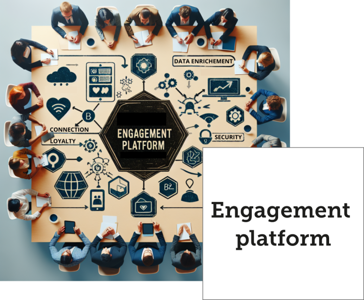 Persone attorno a un tavolo con diagramma su 'Engagement Platform' al centro.