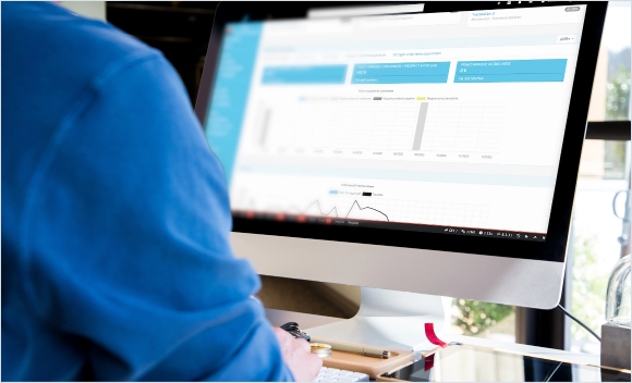 Persona che osserva dati su un monitor di computer.