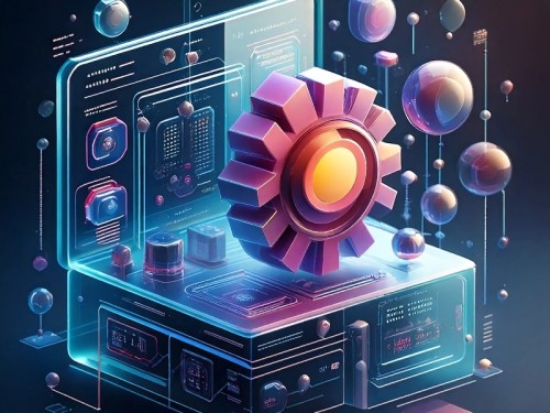 Ingranaggio fluttuante in una struttura cibernetica futuristica con pannelli digitali.