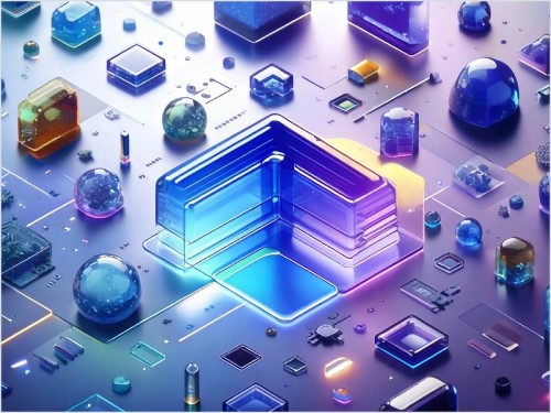 Paesaggio digitale con forme geometriche e struttura centrale a forma di L in tonalità blu e viola.