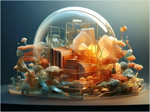 Composizione artistica di una miniatura surreale sotto una cupola di vetro con edifici moderni e piante colorate.