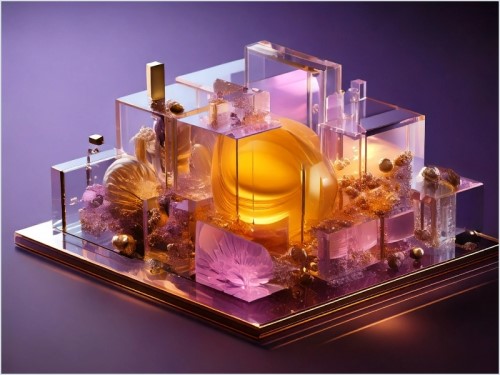 Scultura astratta con blocchi di vetro e luce su sfondo viola.