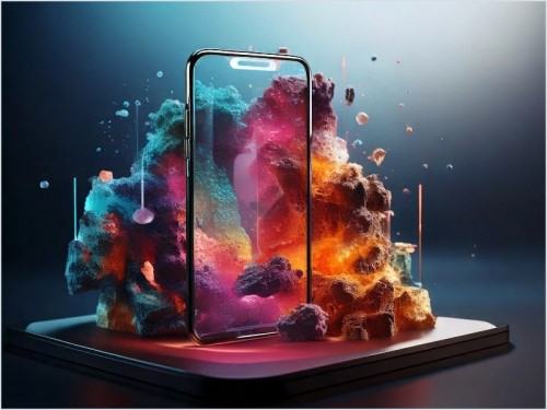 Smartphone circondato da nuvole colorate e rocce su un piedistallo illuminato.