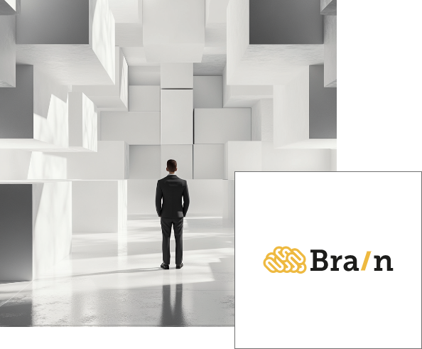 Uomo in abito osserva grandi cubi bianchi in un ambiente futuristico, con logo 'Bra/n' in basso a destra.